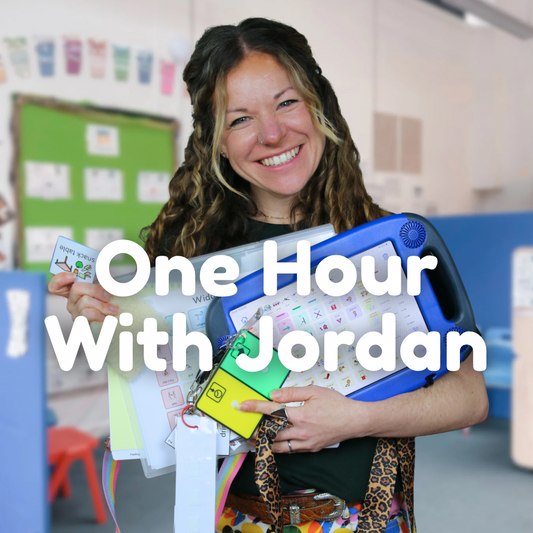 Woman holding educational materials with text 'One Hour With Jordan' in a classroom setting