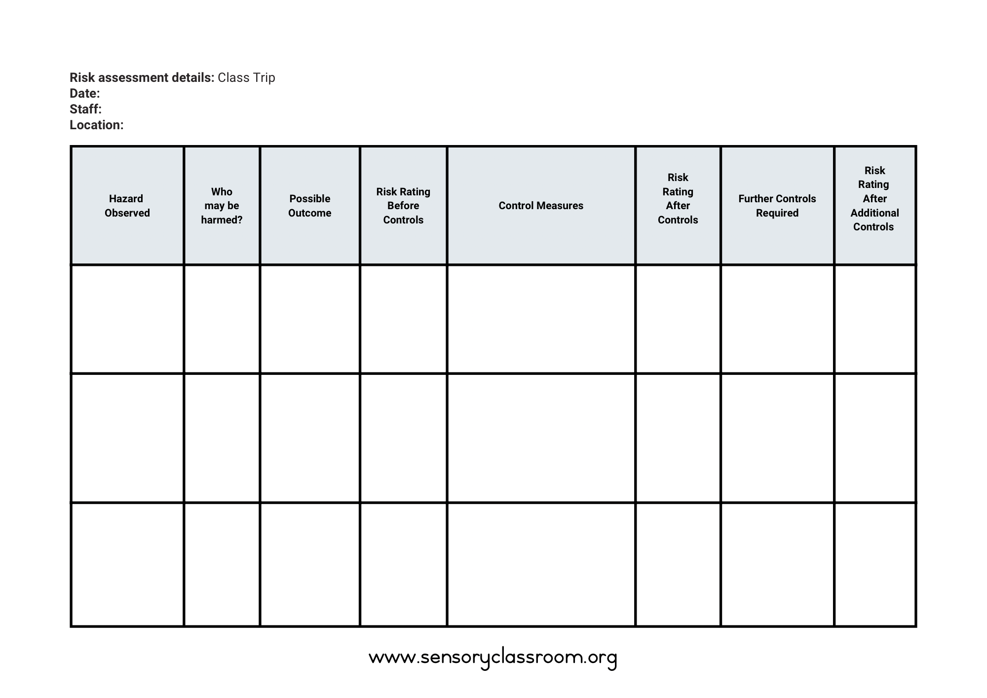 Risk Assessment Template Sensory Classroom Ltd Risk Assessment Template Sensory Classroom Ltd