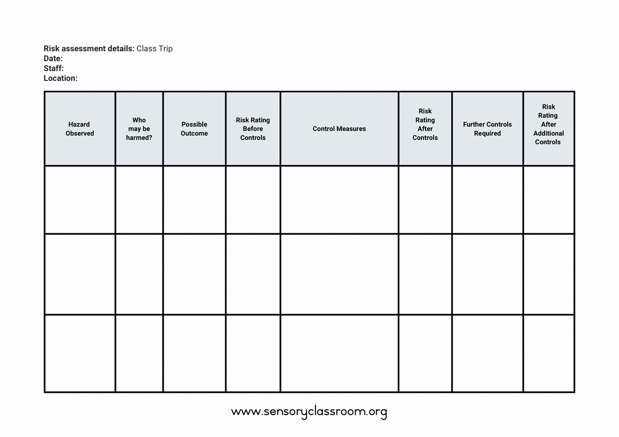 Risk Assessment Template Sensory Classroom