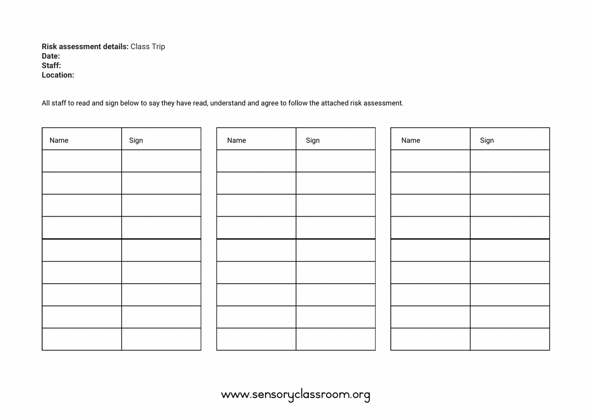 Risk Assessment Template Sensory Classroom